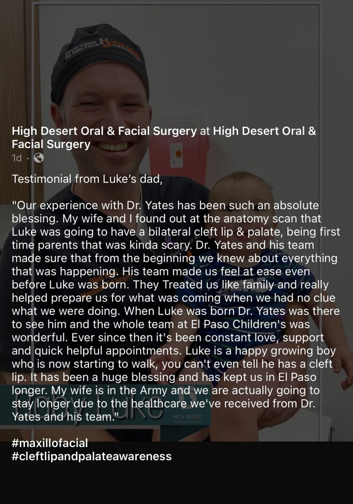 Dr. Yates poses with an infant patient with a text review layered in front