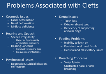 a table listing problems associated with cleft palates
