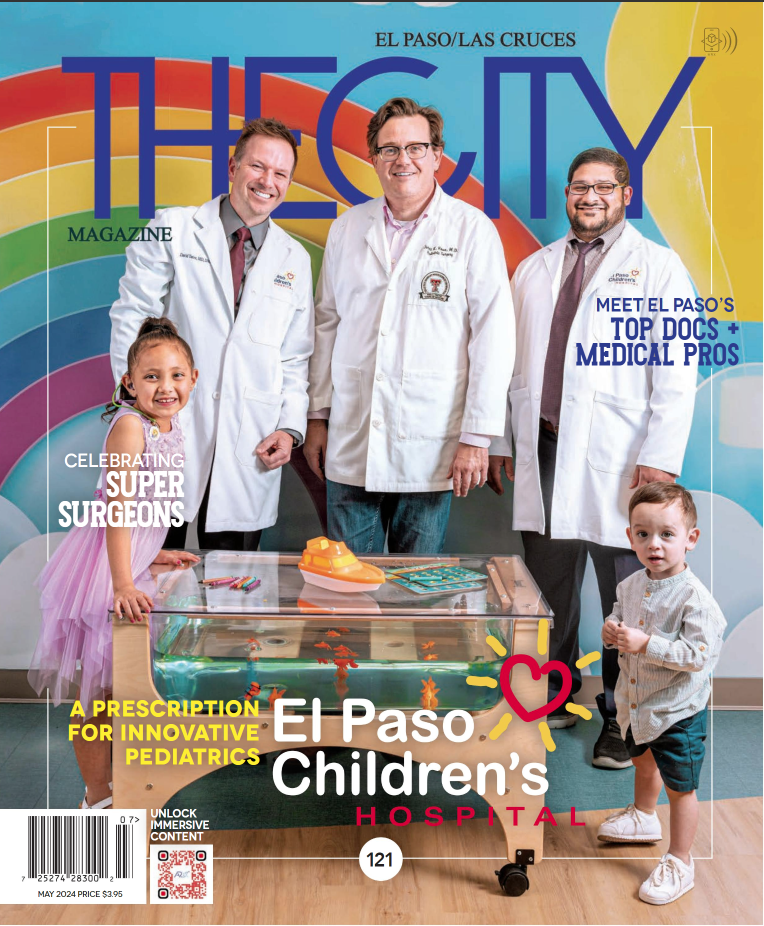 Magazine cover featuring doctors from El Paso Children's Hospital, highlighting top pediatric surgeons and medical professionals